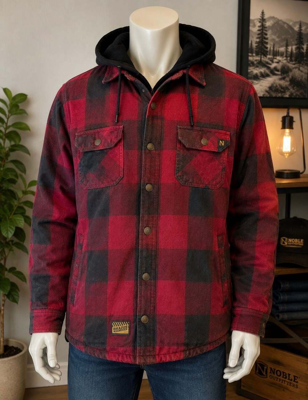 Brazos Work Force Men’s Medium Red Black Buffalo Plaid Hooded Flannel Jacket
